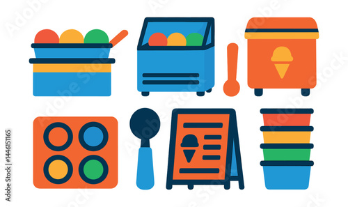 Flat vector icons of ice cream serving and display: cold bar with scoops, dipping cabinet icon, ice cream freezer, sample spoon, topping station tray, scooping tool icon, ice cream menu board,