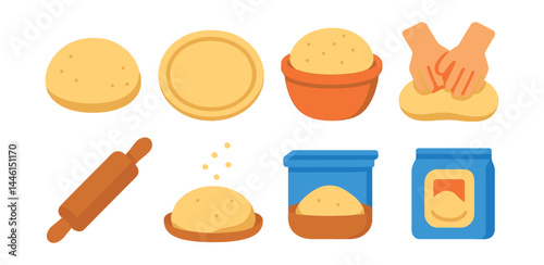 Flat vector icons of dough and preparation: pizza dough ball, rolled out base, crust rising bowl, kneading hands icon, wooden rolling pin, flour sprinkle, dough resting container, yeast packet.