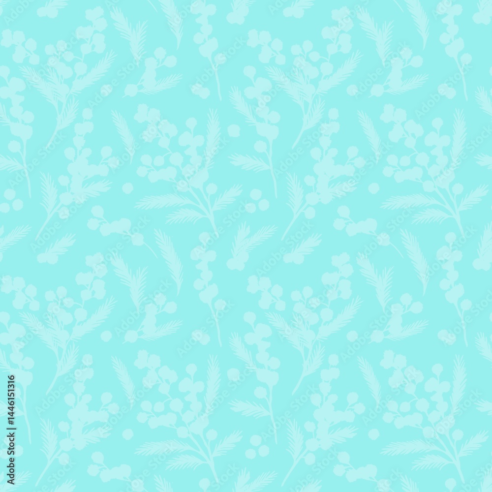 Seamless pattern with silhouettes of mimosa branches on light blue and mint background. Elegant floral print in pastel colors for textiles, packaging and design. Seamless pattern with silhouettes of mimosa branches on light blue and mint background. Elegant floral print in pastel colors for textiles, packaging and design.