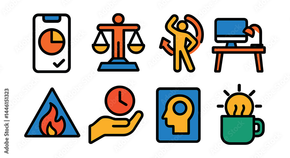 Flat vector icons of freelancer wellbeing: screen time tracker, work-rest balance icon, stretch reminder symbol, healthy workspace setup, burnout alert, focus break icon, mental clarity card, midday