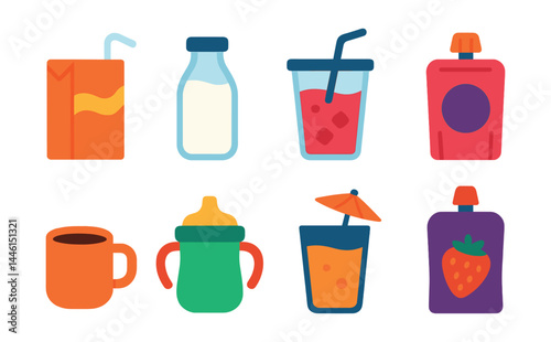Obraz na płótnie Flat vector icons of kids’ drinks: juice box with straw, cartoon milk bottle, fruit punch cup, smoothie pouch with spout, small cocoa mug, colorful sippy cup, fun drink with umbrella, berry yogurt w salonie
