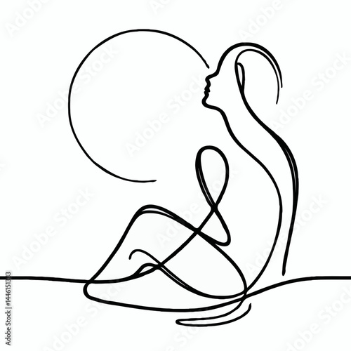 Abstract line art representing a person meditating with a sun  
