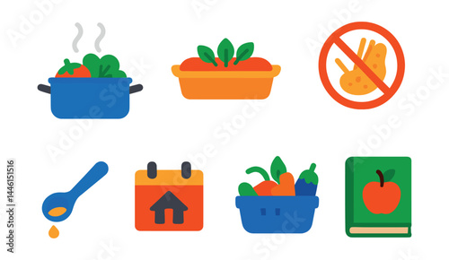 Obraz na płótnie Flat vector icons of cooking for health: steaming vegetables pot, baked dish icon, no deep fry badge, clean spice rack, oil control spoon, cook at home calendar, whole ingredients basket, healthy w salonie