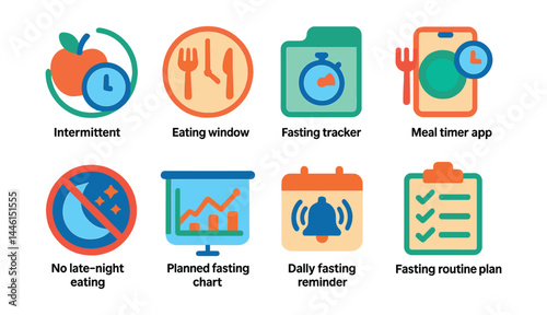 Flat vector icons of keto meal timing: intermittent fasting icon, eating window clock, fasting tracker card, meal timer app, no late-night eating badge, planned fasting chart, daily fasting reminder,