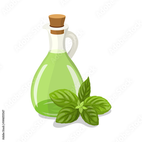 Glass jar with Basil leaves and oil