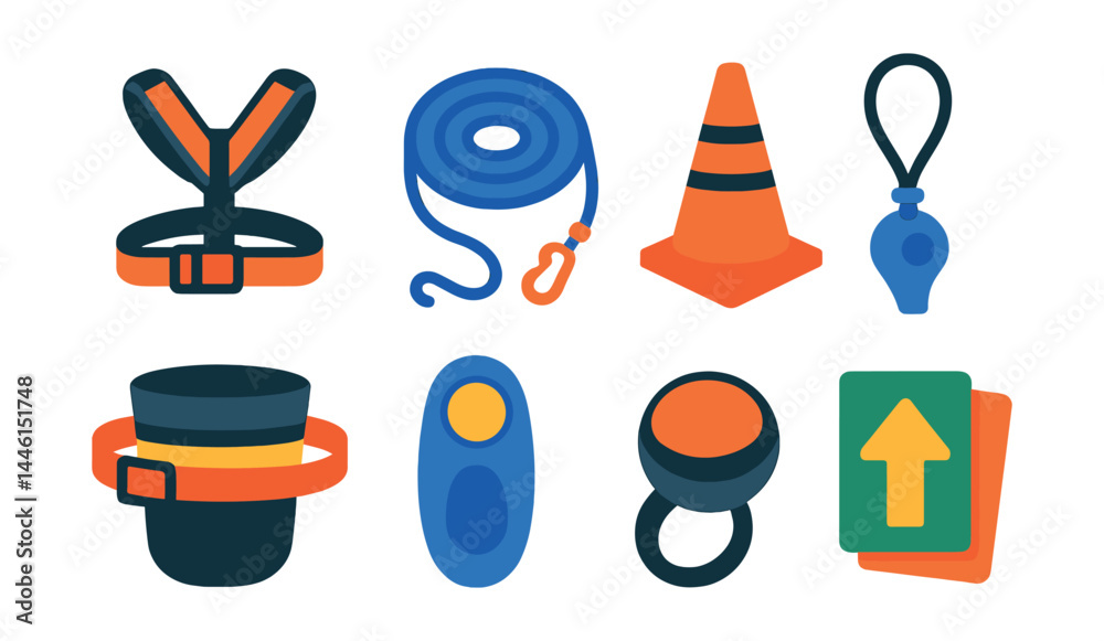 Flat vector icons of training tools and gear: training harness icon, long training leash, treat pouch belt, agility cone symbol, whistle with lanyard, portable clicker, reward ball, cue signal card