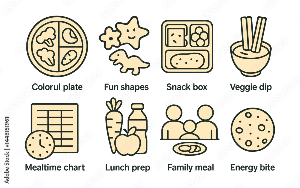 Line style icons of nutrition for kids: colorful plate, fun shapes, snack box, veggie dip, mealtime chart, lunch prep, family meal, energy bite.