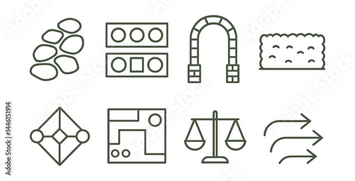 Line style icons of garden design: path stone, planter layout, garden arch, hedge line, symmetry icon, layout sketch, balance symbol, flow direction.