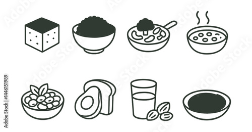 Line style icons of plant-based meals: tofu cube, quinoa bowl, veggie stir fry, lentil stew, bean salad, avocado toast, nut milk glass, hummus plate.