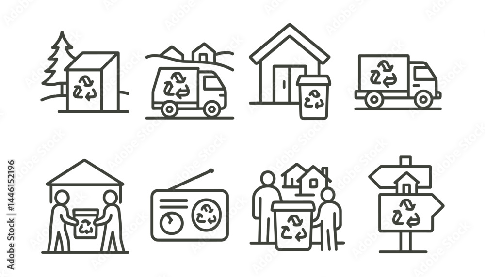 Line style icons of rural recycling access: remote drop point, rural pickup, community center bin, trailer collection, local reuse event, radio info, shared hub, village signpost.