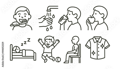 Line style icons of healthy habits promotion: brush teeth, wash hands, drink water, eat fruit, sleep early, active play, sit up straight, clean clothes.