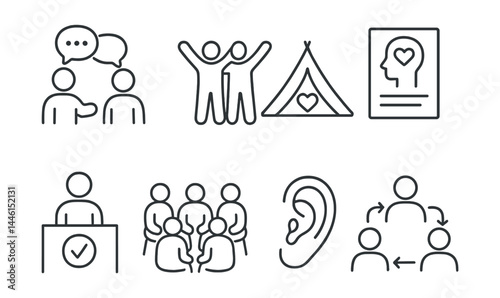 Line style icons of community mental health: peer talk, wellbeing group, safe space tent, mental health flyer, check-in station, help circle, listening ear, support flow.