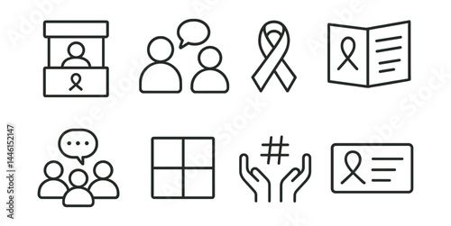 Line style icons of mental health campaigns: awareness booth, talk to someone, info ribbon, open poster, community chat, calm color board, support hashtag, outreach card.