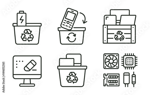Line style icons of e-waste recycling: battery box, old phone drop, cable return, electronics crate, data wipe symbol, tech bin, label-free device, component separation.