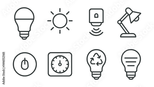 Line style icons of lighting efficiency: LED bulb, daylight lamp, motion sensor, desk task light, ceiling dimmer, timer switch, bulb recycling, light color tone.