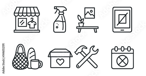 Line style icons of low-waste lifestyle: secondhand shop, DIY cleaner, minimal decor, paperless note, shared items, donation box, repair before replace, buy nothing day.