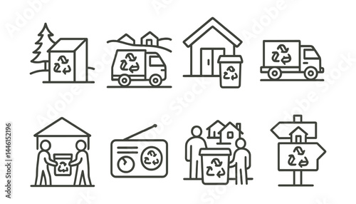 Obraz na płótnie Line style icons of rural recycling access: remote drop point, rural pickup, community center bin, trailer collection, local reuse event, radio info, shared hub, village signpost. w salonie