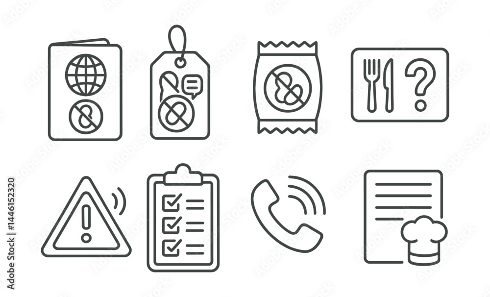 Line style icons of travel and eating out: allergy passport card, bilingual allergy tag, emergency snack pouch, meal query card, allergen alert phrase, safe restaurant checklist, support contact,