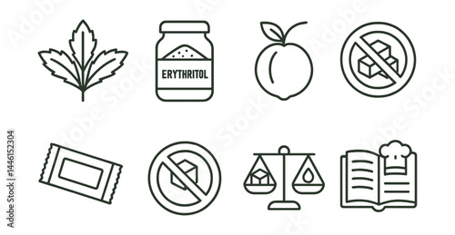 Line style icons of sugar alternatives: stevia leaf, erythritol jar, monk fruit icon, sugar-free label, portioned sweetener pack, no-sugar badge, taste balance, recipe swap.