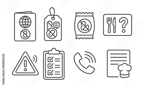 Obraz na płótnie Line style icons of travel and eating out: allergy passport card, bilingual allergy tag, emergency snack pouch, meal query card, allergen alert phrase, safe restaurant checklist, support contact, w salonie