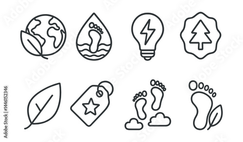 Line style icons of environmental consideration: eco impact icon, water footprint drop, energy icon, material source badge, green choice, product tag rating, carbon trail, conscious footprint.
