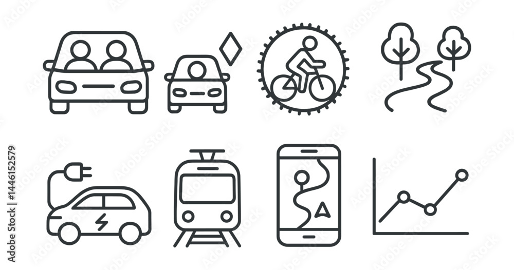 Line style icons of transport-linked savings: shared commute icon, carpool lane, bike-to-work badge, footpath trail, EV charge planner, off-peak metro, trip planner screen, green miles chart.