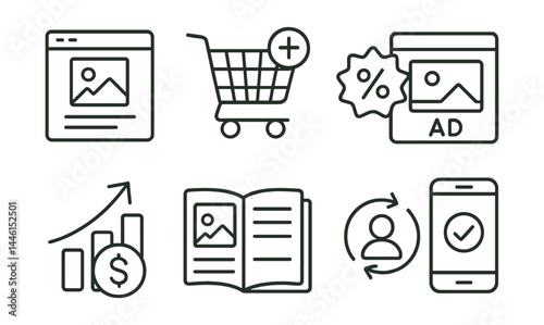 Line style icons of ecommerce ads: product image, add to cart, discount badge, ad preview, campaign ROI, catalog icon, retargeting symbol, mobile conversion.
