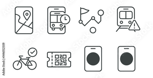 Line style icons of transportation apps: real-time map, bus ETA, route preview, delay alert, bike availability, ticket QR, navigation start, feedback screen.