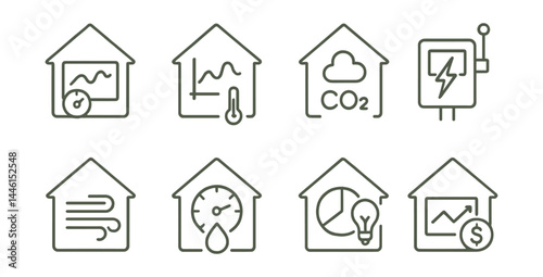 Line style icons of eco home monitoring: real-time usage screen, room temperature graph, CO2 sensor, smart meter box, air flow indicator, water meter drop, light zone chart, savings dashboard.