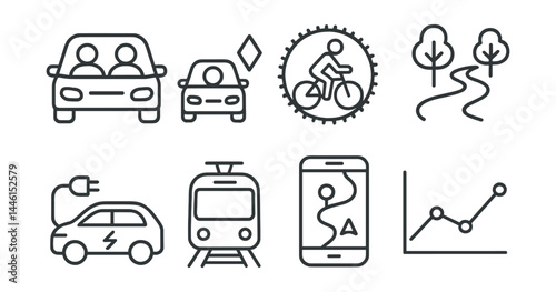 Obraz na płótnie Line style icons of transport-linked savings: shared commute icon, carpool lane, bike-to-work badge, footpath trail, EV charge planner, off-peak metro, trip planner screen, green miles chart. w salonie