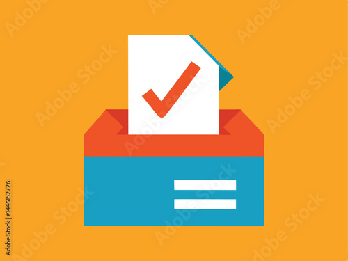 Ballot box icon, voting concept, checkmark on paper, flat design, orange background, teal blue box, minimalist illustration, civic duty, election symbol, democratic process, 