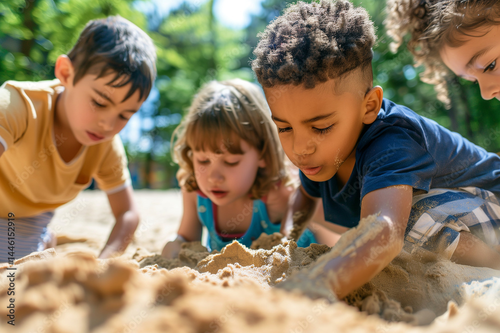 Children digging in a sandbox, with concentrated expressions, close-up shot. Generative AI