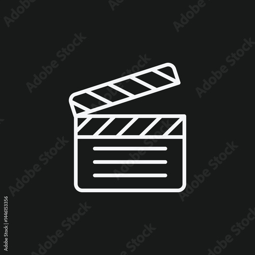 Movie Clapperboard Icon White Outline on Black Background for Film Production and Cinematic Action