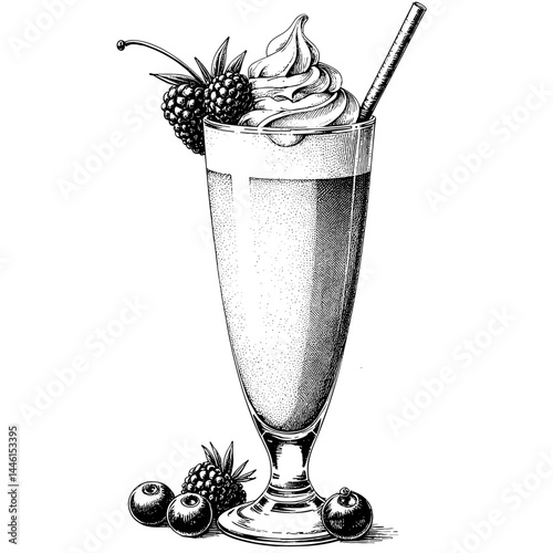 Vintage black and white sketch of milkshake with berries and whipped cream, food illustration for menus and culinary blogs