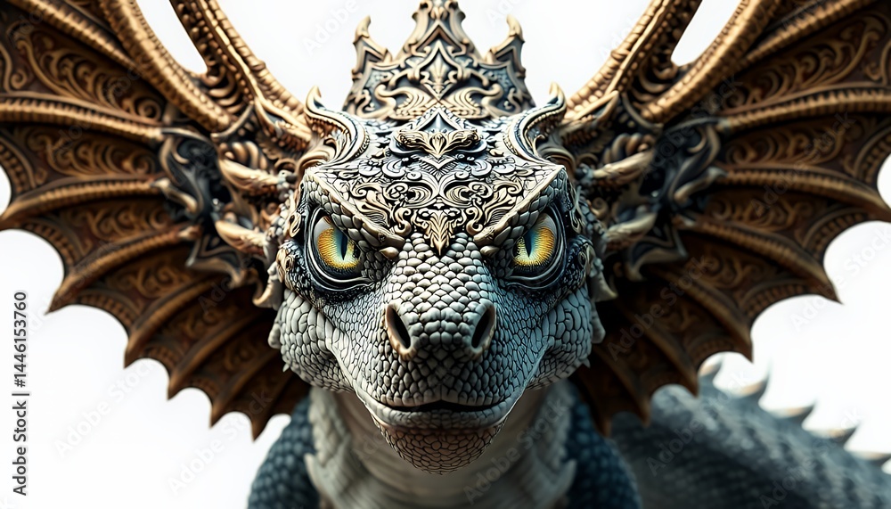 Detailed Dragon With Ornate Golden Wings and Mosaic Scales Isolated on White Background Fantasy Illustration Character Clip Art