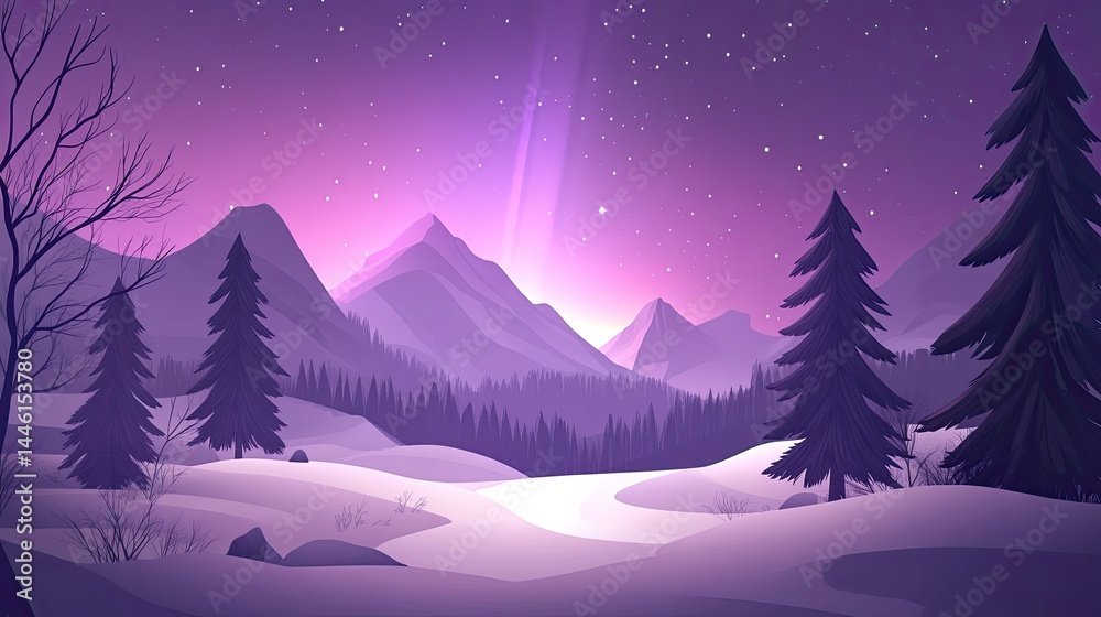 Fototapeta premium Magical Purple Aurora Borealis Winter Mountain Landscape.