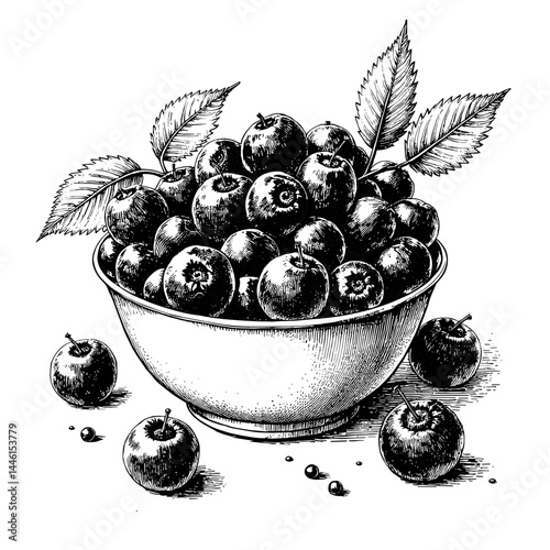 Vintage sketch of a bowl filled with blackcurrants garnished with leaves, perfect for culinary blogs and stationery design