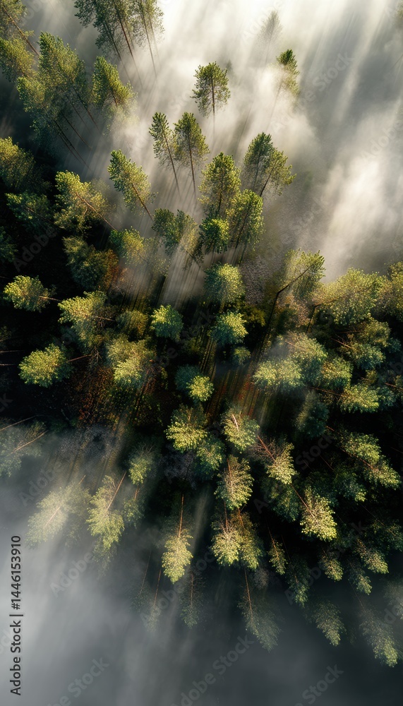 Low Altitude Flight Over Foggy Pine Forest at Dawn with Light Beams Breaking Through Mist