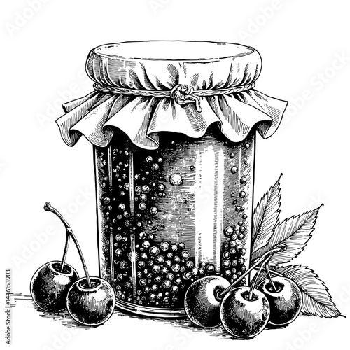 Vintage black and white sketch of jar filled with berry preserves and cherries on white background, suitable for recipe blogs and culinary presentations