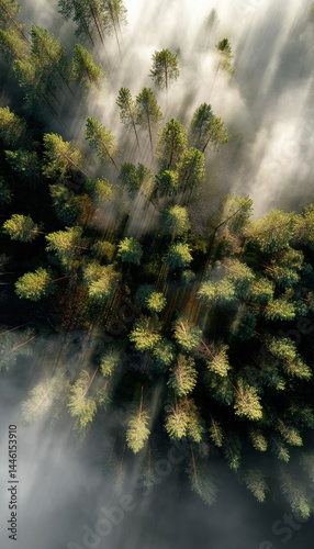 Obraz na płótnie Low Altitude Flight Over Foggy Pine Forest at Dawn with Light Beams Breaking Through Mist w salonie