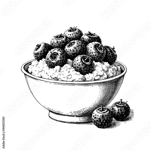 Vintage sketch of oatmeal bowl topped with berries, culinary delight on plain background