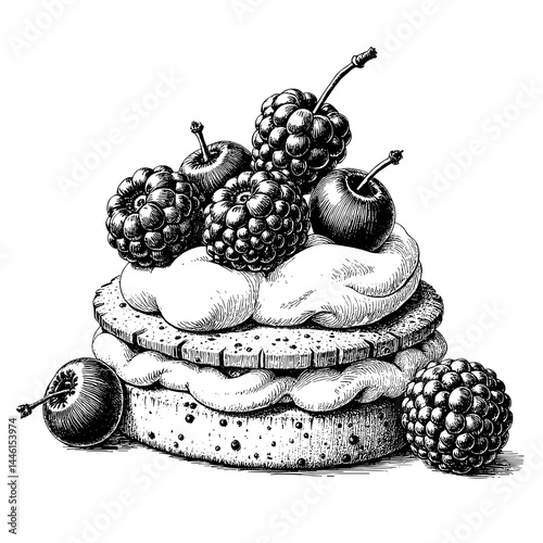 Vintage black and white sketch of biscuit dessert topped with berries and whipped cream, perfect for culinary blogs and educational content