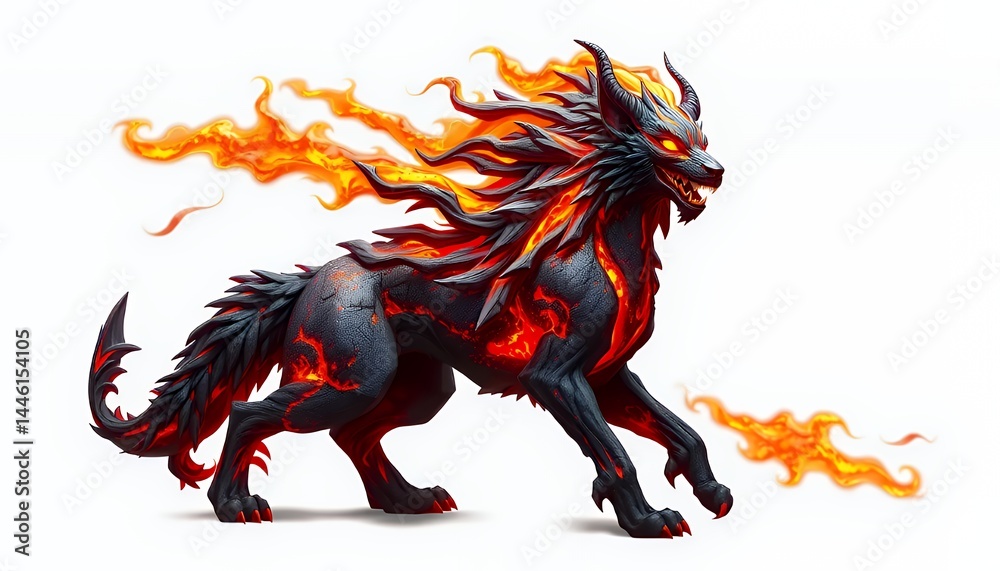 Fiery Wolf Illustration a Mythical Beast with Intense Orange Flames and Dark Grey Body Isolated on White Background Perfect for Fantasy Themed Projects