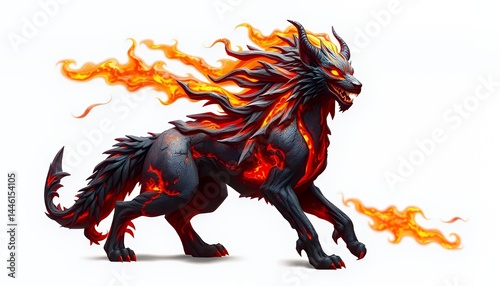 Obraz na płótnie Fiery Wolf Illustration a Mythical Beast with Intense Orange Flames and Dark Grey Body Isolated on White Background Perfect for Fantasy Themed Projects w salonie