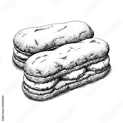 Vintage black and white sketch of éclairs filled with berry cream, culinary art display