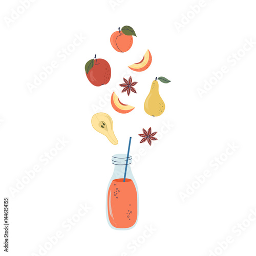 Healthy drink. Glass bottle with orange beverage, fruits and anise. Tasty spicy juice or smoothie recipe. Hand drawn flat design vector illustration.
