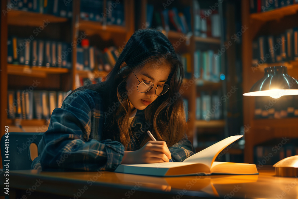 Female student reviewing notes while sitting at a library table, soft indoor lighting, reflective mood. Generative AI