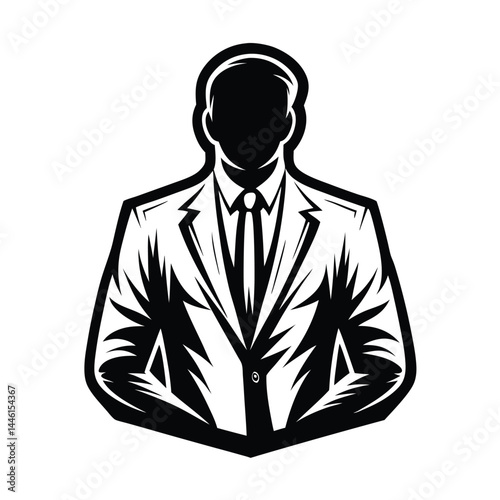 Faceless Man in Suit Silhouette, Black and White Elegant Style, Minimalist Business Logo Design
