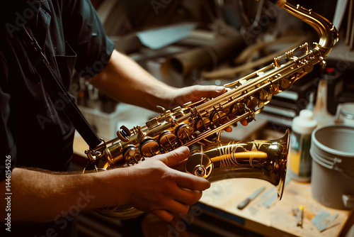 Obraz na płótnie Closeup of technician tuning a saxophone in a workshop. Generative AI w salonie