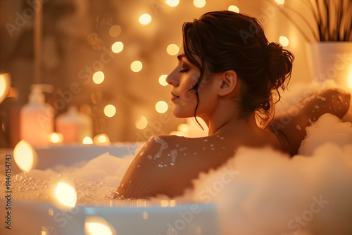 Obraz na płótnie Woman relaxing in a luxurious bathtub with bubbles in a bathroom. Generative AI w salonie